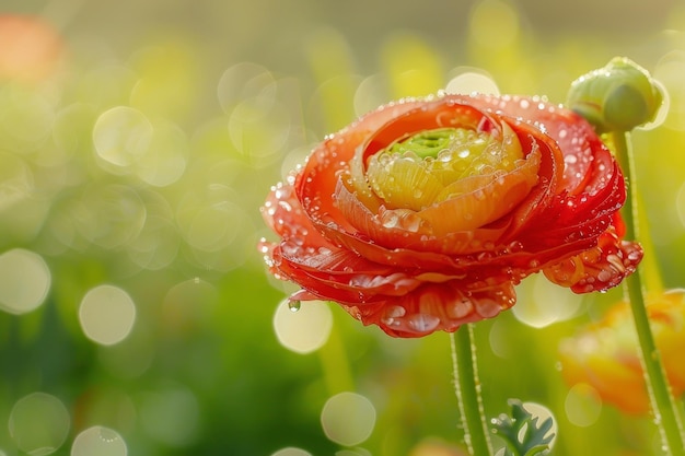 Après la pluie de printemps Un gros plan d'une fleur de ranunculus en pleine floraison