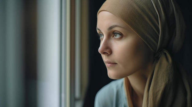 Après le traitement, une femme atteinte d'un cancer porte un foulard à l'hôpital Generative AI