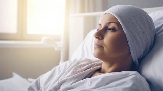 Après le traitement, une femme atteinte d'un cancer porte un foulard à l'hôpital Generative AI