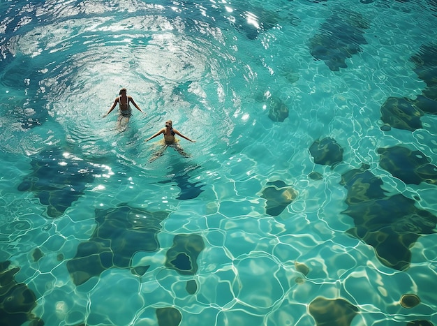 Aqua Serenity Vue de haut de deux personnes flottant dans une piscine bleue