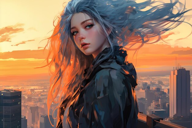 AquaHaired Jeune femme donnant sur le paysage animé de la ville au coucher du soleil