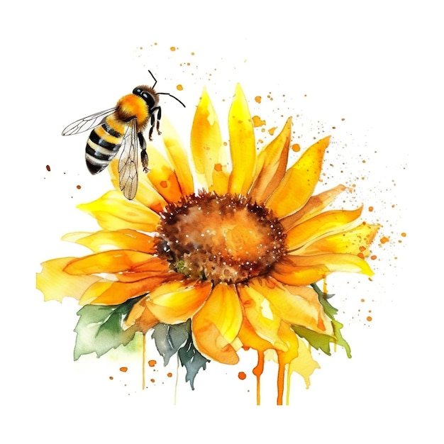 Une aquarelle d'une abeille sur une image d'IA générative de tournesol