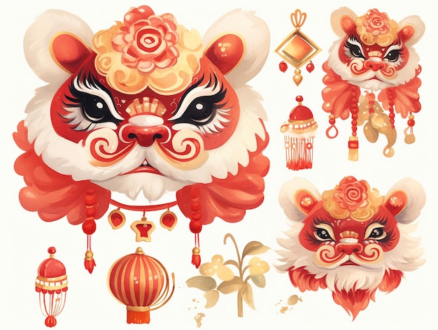 Aquarelle abstraite de l'élément décoratif du Nouvel An chinois avec un fond rouge et blanc Décoration lanterne nuages fleurs lion danse dragon parapluie ensemble collection pour motif