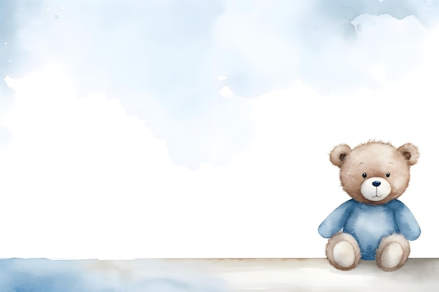 Aquarelle adorable ours en peluche portant des vêtements bleus assis avec un espace blanc blanc d'art mural de fond