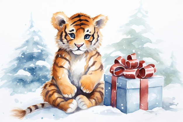 aquarelle d'un adorable tigre de dessin animé avec une boîte à cadeaux