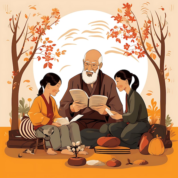 Aquarelle d'anciens racontant des histoires de grands-parents partageant des contes avec leurs petits-enfants Festival de Dongzhi