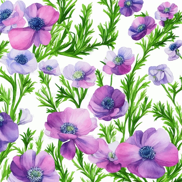 Une aquarelle d'anémones aux feuilles vertes et aux fleurs violettes