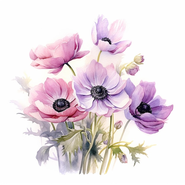 Une aquarelle d'anémones aux fleurs violettes et roses