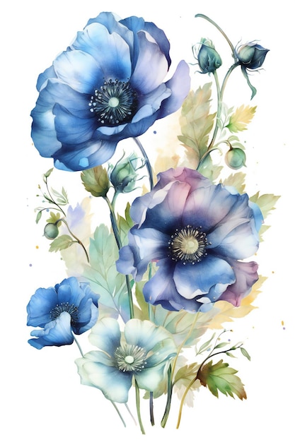 Une aquarelle d'anémones à fleurs bleues.