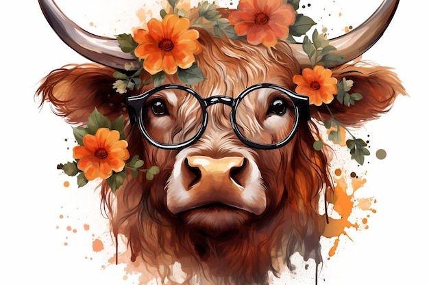 Aquarelle Des animaux floraux avec des lunettes Une vache Une IA générative