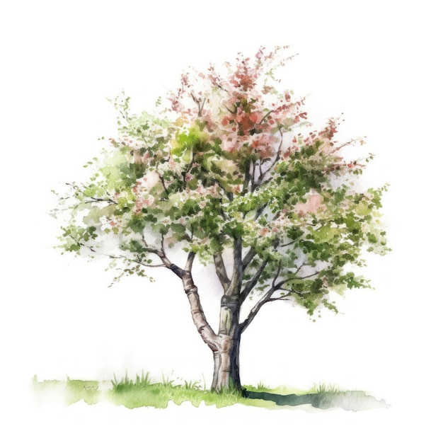 Une aquarelle d'un arbre à fleurs roses