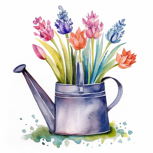 Une aquarelle d'un arrosoir avec des fleurs dedans