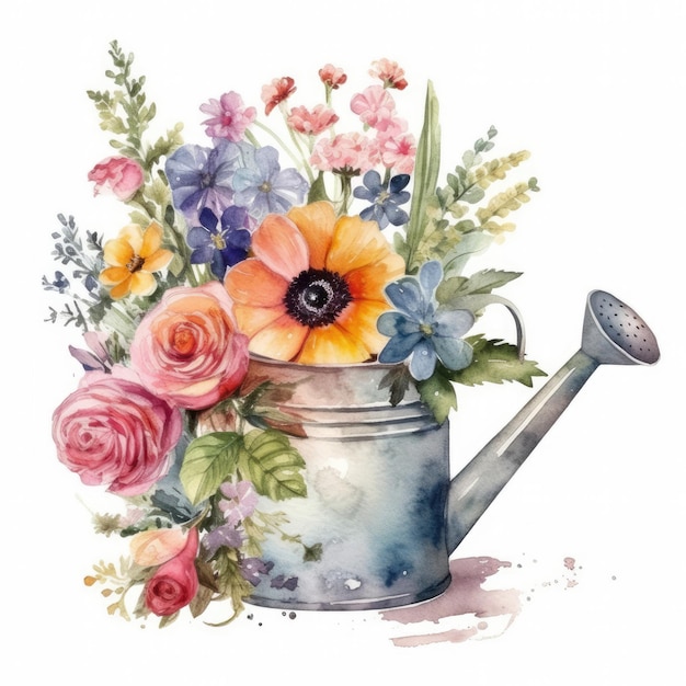 Une aquarelle d'un arrosoir avec des fleurs dedans