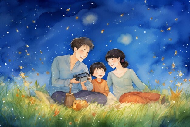 Aquarelle Art de la famille Stargazing rassemblement allongé sur l'herbe pointant vers le ciel Festival Dongzhi