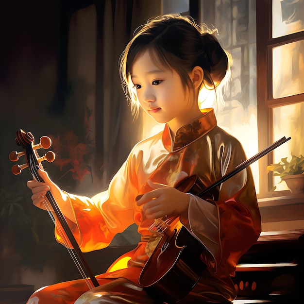 Aquarelle Art de la petite fille jouant Erhu Jeune musicien jouant Rapt Attenti Festival de Dongzhi