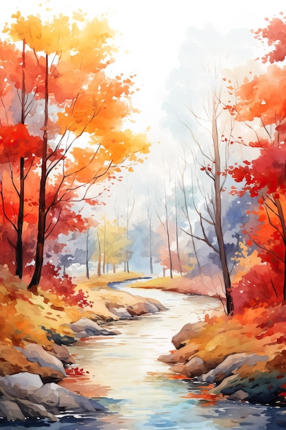 L'aquarelle d'automne illustre un paysage coloré avec des arbres orange rouge et jaune capturant