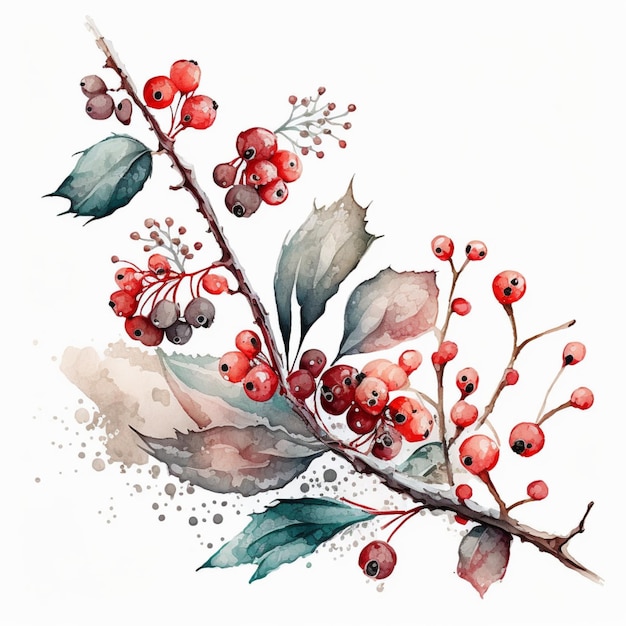 aquarelle, baies rouges, winterland, illustration