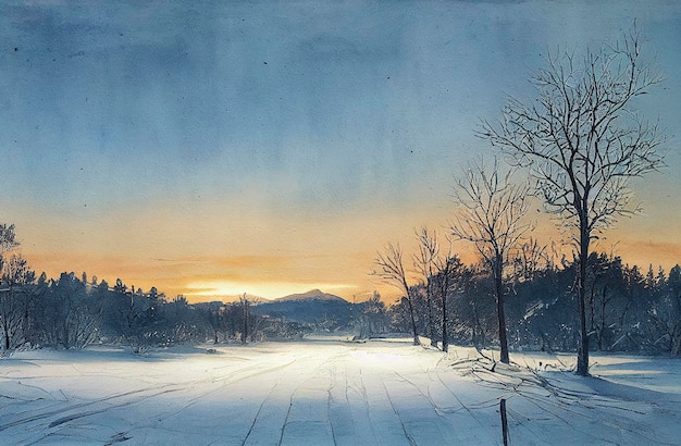 Aquarelle d'un beau paysage d'hiver de noël paysage d'hiver aquarelle