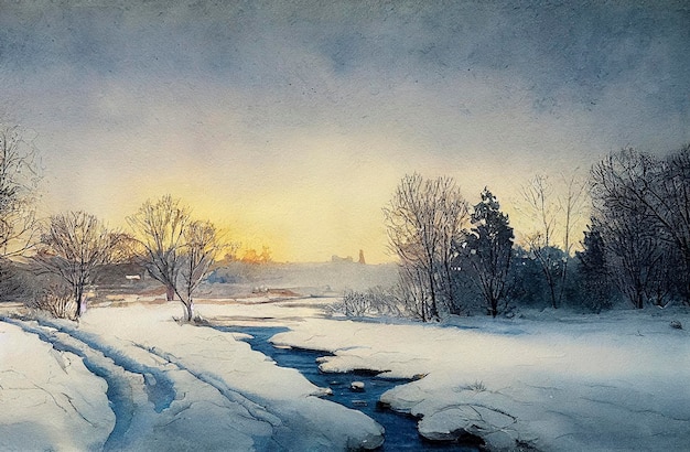 Aquarelle d'un beau paysage d'hiver de noël paysage d'hiver aquarelle