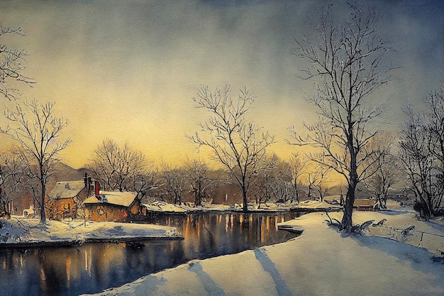 Aquarelle d'un beau paysage d'hiver de noël paysage d'hiver aquarelle