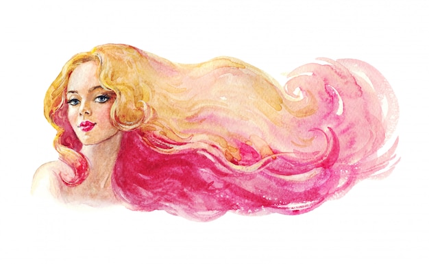Aquarelle beauté jeune femme. Dame dessinée à la main avec des cheveux blonds et roses. Illustration de mode de peinture isolée