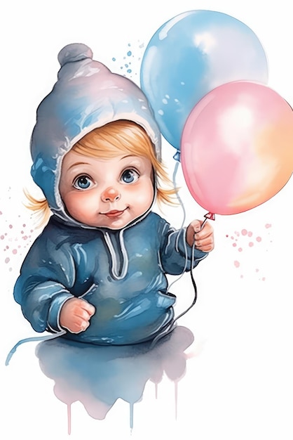 Une aquarelle d'un bébé avec des ballons