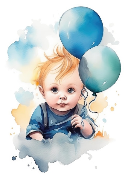 Une aquarelle d'un bébé avec des ballons