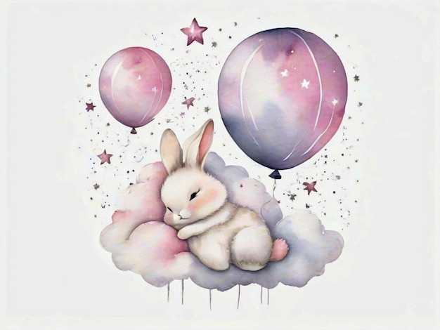 Aquarelle bébé lapin mignon dormant sur des ballons nuage et étoiles isolé fond blanc