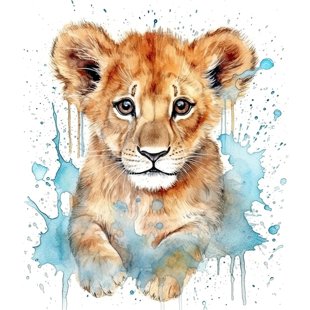 Photo aquarelle de bébé lion avec contour d'encre sur fond blanc ia générative très détaillée