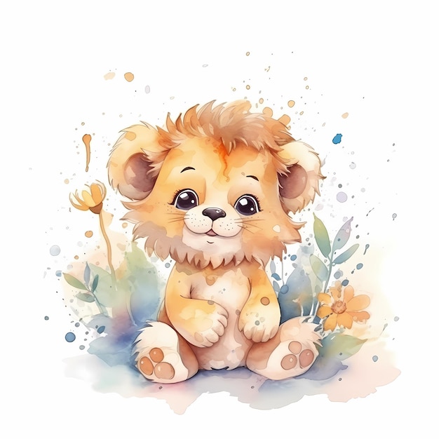 Aquarelle bébé lion personnage animal portant une couronne