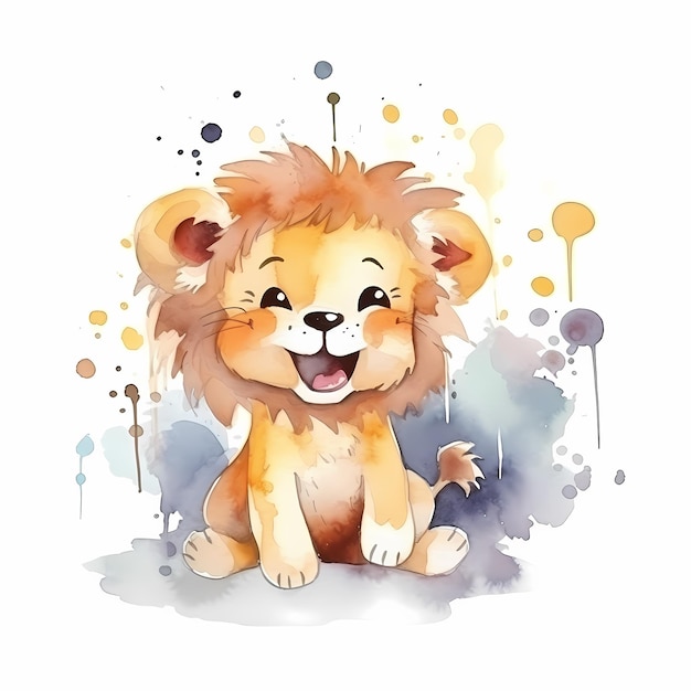 Aquarelle bébé lion personnage animal portant une couronne