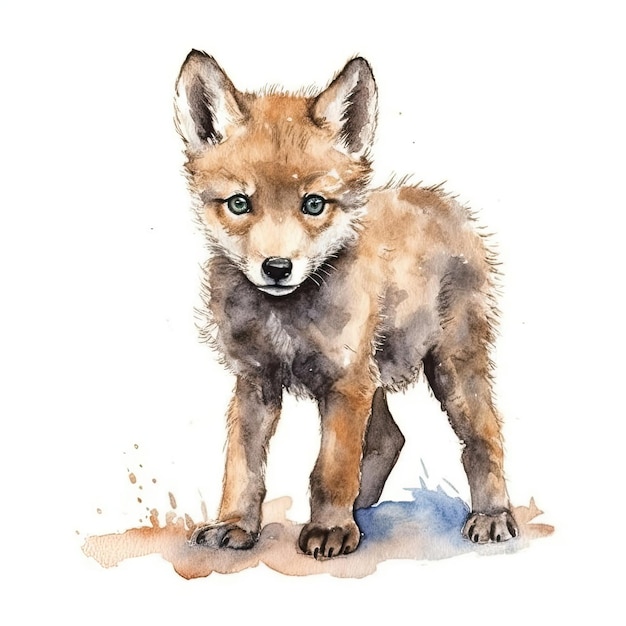 Aquarelle de bébé loup avec contour d'encre sur fond blanc IA générative très détaillée