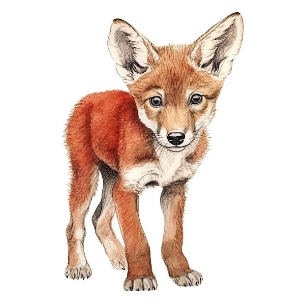 Aquarelle de bébé loup rouge avec contour à l'encre sur fond blanc IA générative très détaillée