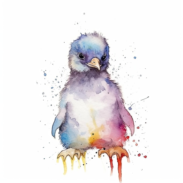 Aquarelle de bébé pingouin avec contour d'encre sur fond blanc IA générative très détaillée