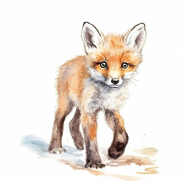 Aquarelle de bébé renard avec contour à l'encre sur fond blanc IA générative très détaillée