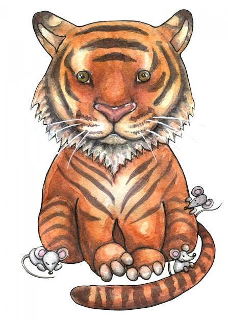 Aquarelle Bébé Tigre Mignon Avec Petites Souris Grises.