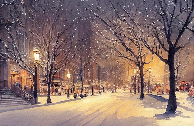 Aquarelle d'un bel hiver de noël à new york paysage d'hiver aquarelle