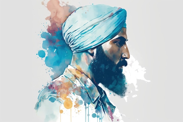 Aquarelle de bel homme punjabi sikh bleu clair