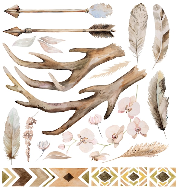 Aquarelle bois de cerf flèches plumes feuilles tropicales et éléments de fleurs Illustration de mariage Boho