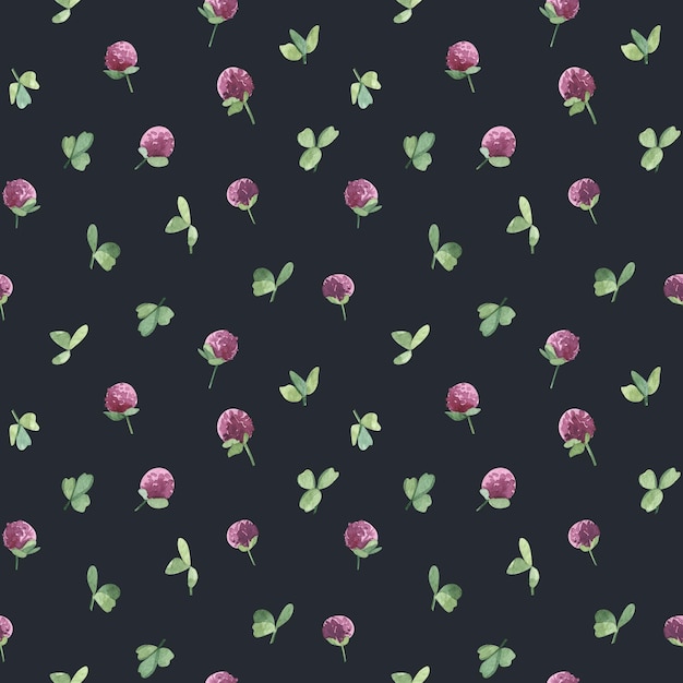 Aquarelle botanique motif sans couture prairie fleurs sauvages trèfle fleurs lilas dessinés à la main éléments naturels sur fond sombre pour t-shirt imprimé porter design de mode linge papier peint textile