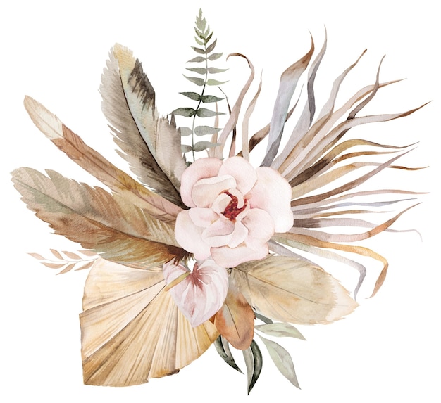 Aquarelle bouquet bohème avec plumes fleurs tropicales feuilles de palmier séchées et herbe de pampa illustration copie espace Arrangement pour la conception de mariage