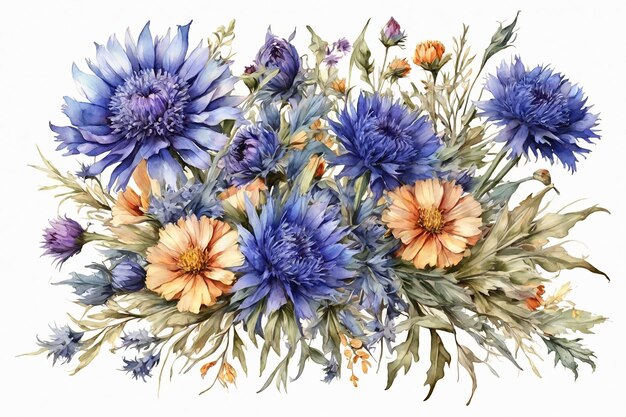 Photo aquarelle bouquet de fleurs de maïs bleues et de fleurs sauvages isolé sur fond blanc