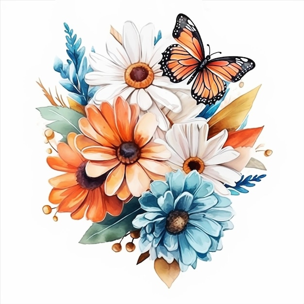 Une aquarelle d'un bouquet de fleurs avec un papillon