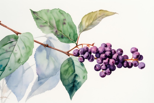 Une aquarelle d'une branche avec des baies et des feuilles violettes.