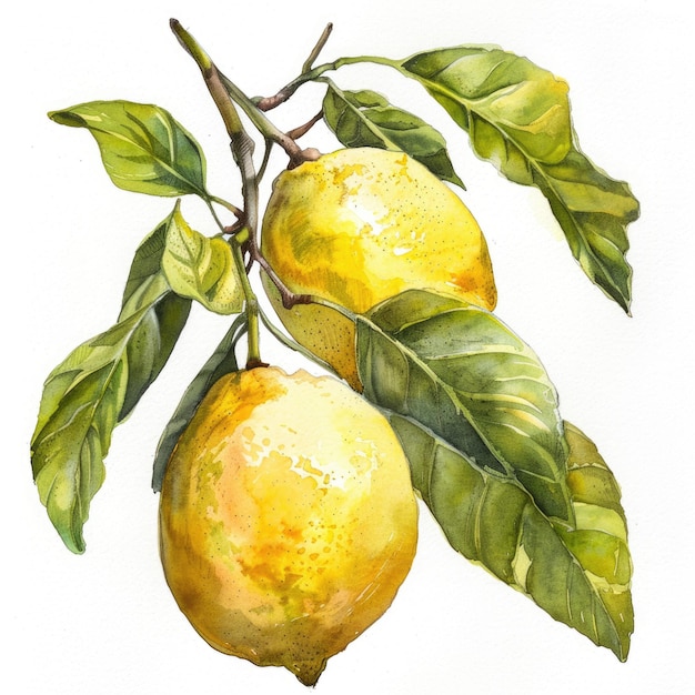 Aquarelle branche de citron gros plan d'agrumes accrochés à un arbre vert pour la conception de cartes d'agriculture