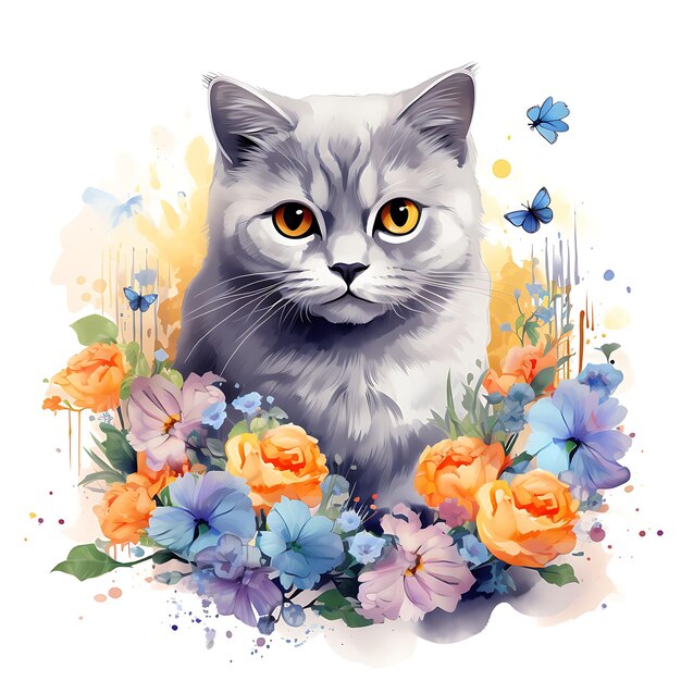 Aquarelle British Shorthair Cat entouré de pensées Flo sur fond blanc Art numérique