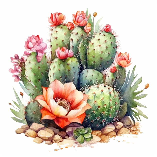 Une aquarelle d'un cactus avec une fleur rose.