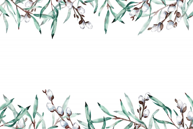 Photo aquarelle cadre de branches de saule avec espace copie. illustration.