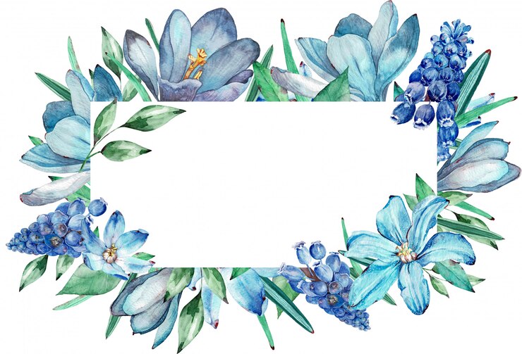 Aquarelle cadre de fleurs printanières bleues. Illustration.