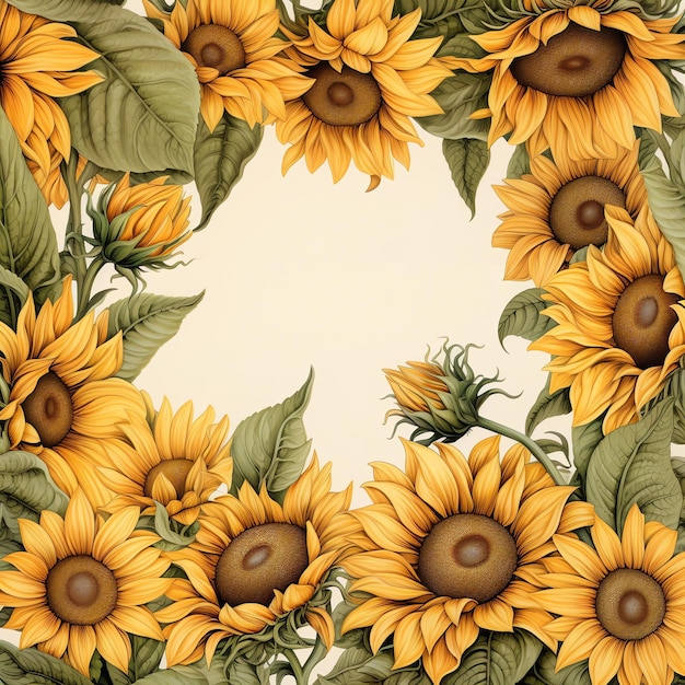 Aquarelle de cadre floral de tournesols gracieux mignons